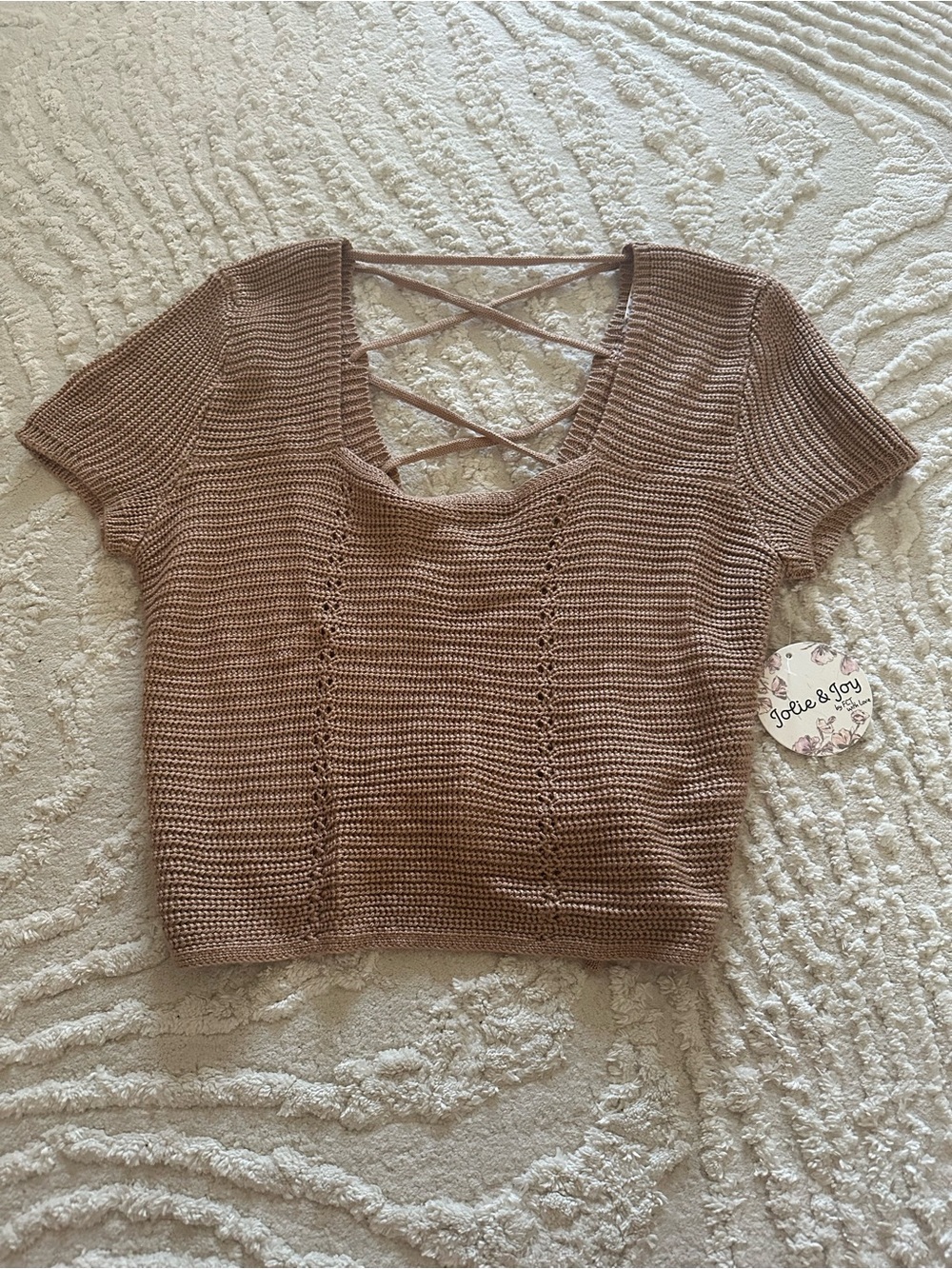 Jolie & Joy Tan Brown Crisscross Knit Crop Top